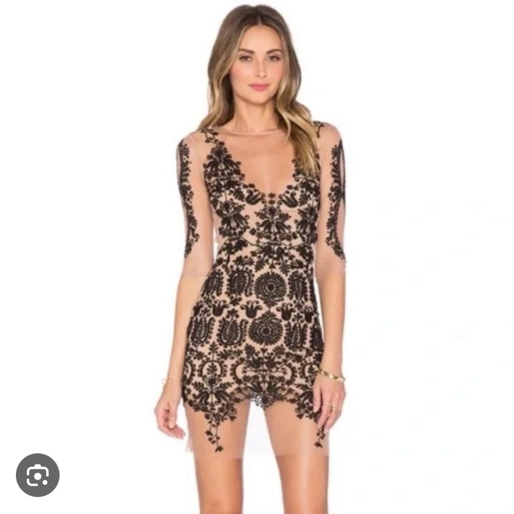 For Love And Lemons Nude and Black Lace Mini Dress